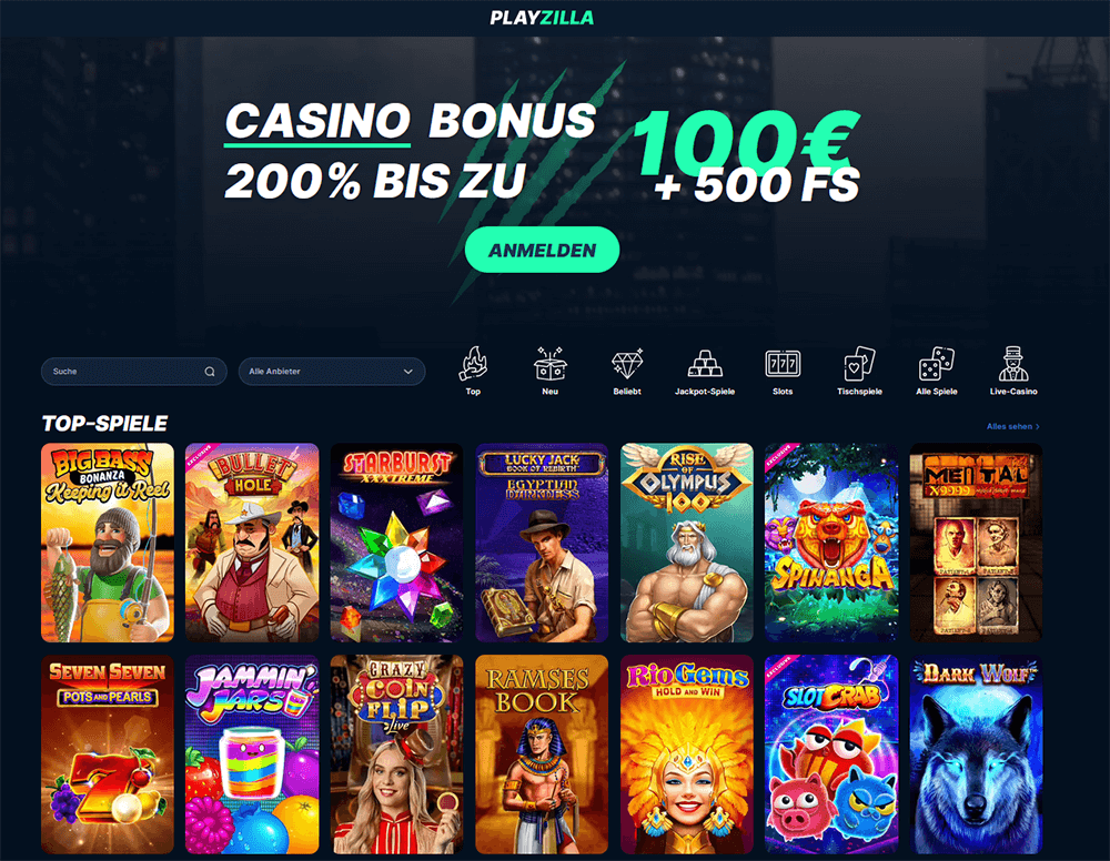 Playzilla-Casino Webseite